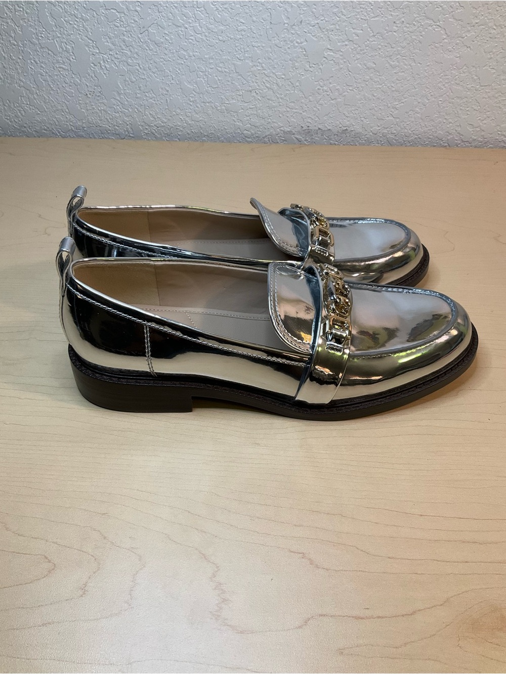 Sam Edelman Metallic Silver Chain-Trim Loafers - Picture 4 of 7